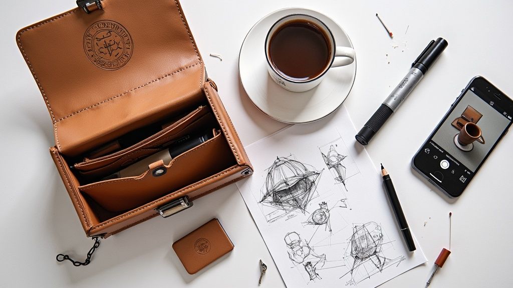 Vue de dessus d'un sac à main en cuir marron ouvert, d'une tasse de café, d'esquisses de design et d'un téléphone portable.