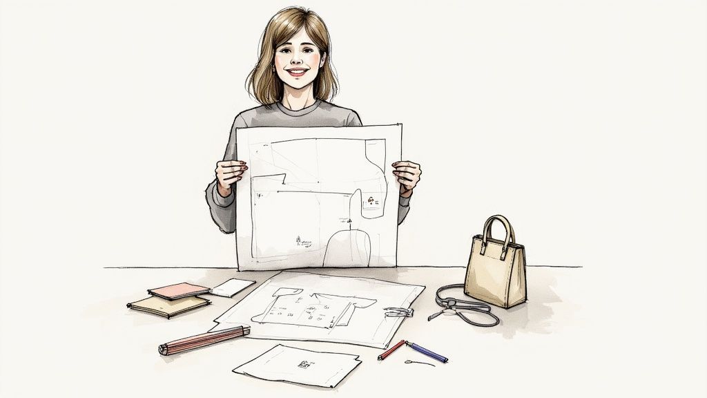 Femme souriante présentant un patron de couture pour sac à main avec matériel et accessoires