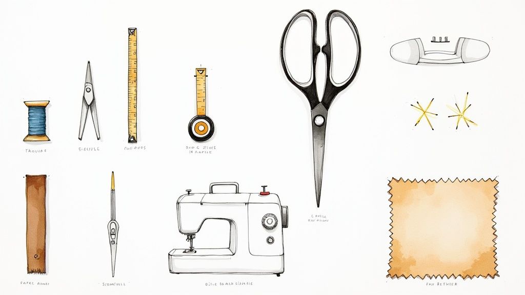 Divers outils et accessoires de couture comme une machine à coudre, des ciseaux, du fil, un mètre et un découseur.