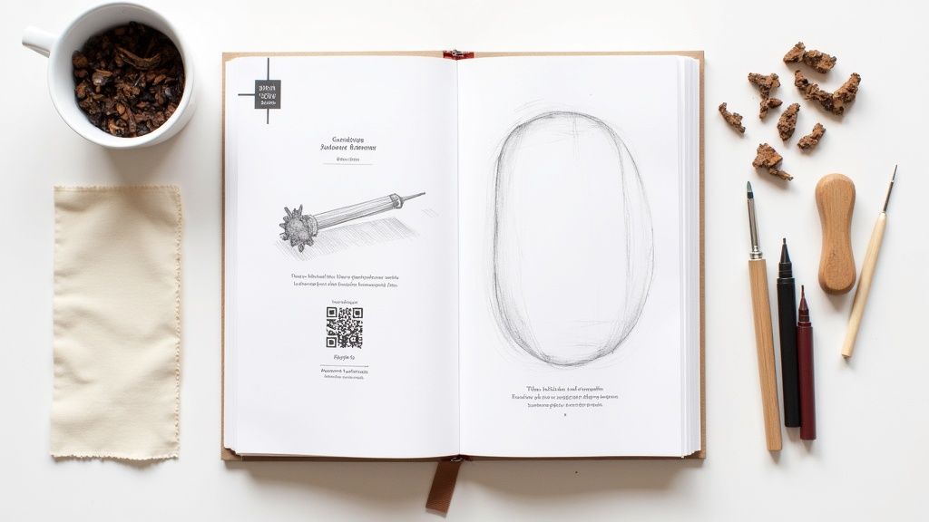 Vue de dessus d'un livre ouvert avec des dessins d'art, des outils de création, une tasse et des fragments de bois, sur un fond blanc.