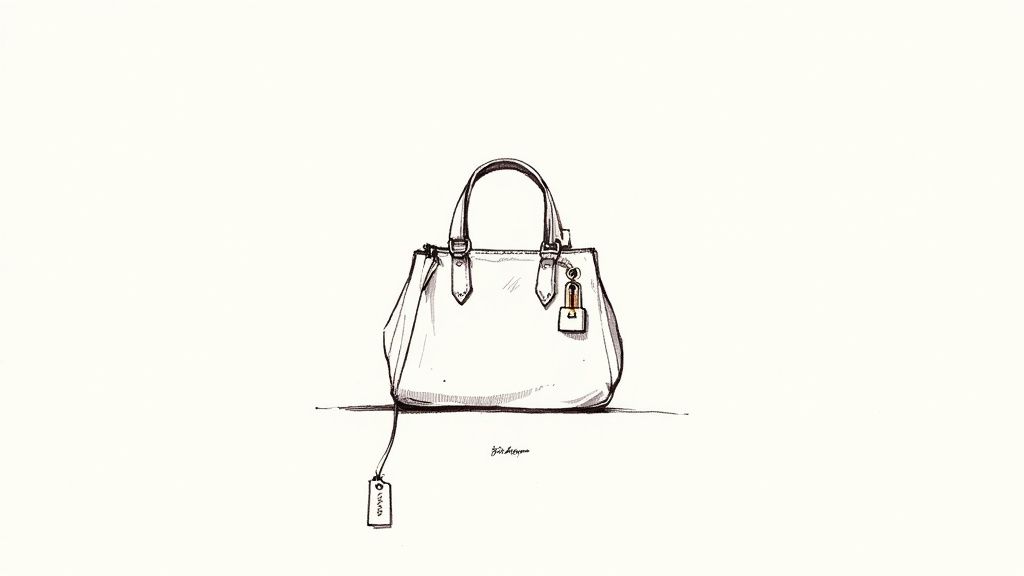 Croquis minimaliste d'un sac à main blanc avec un cadenas doré et une étiquette, sur fond clair.