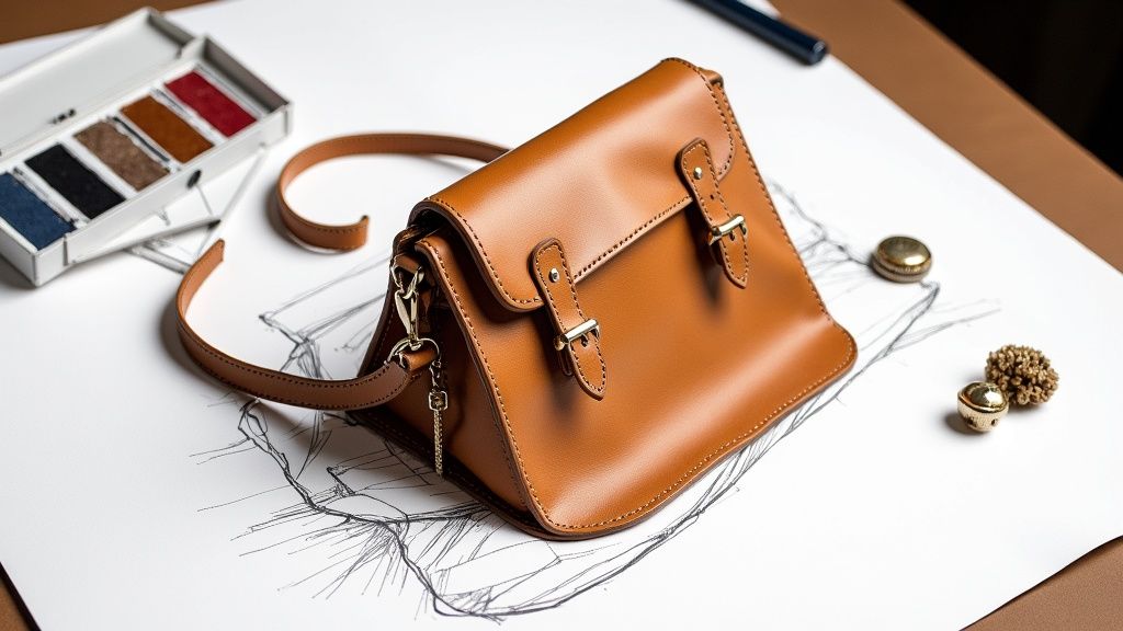 Sac à main en cuir marron artisanal posé sur esquisse de design avec échantillons de matériaux