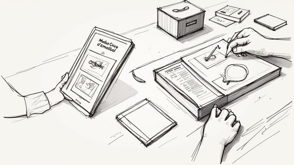 Dessin monochrome de mains humaines assemblant un kit créatif avec tablette et outils sur une table.