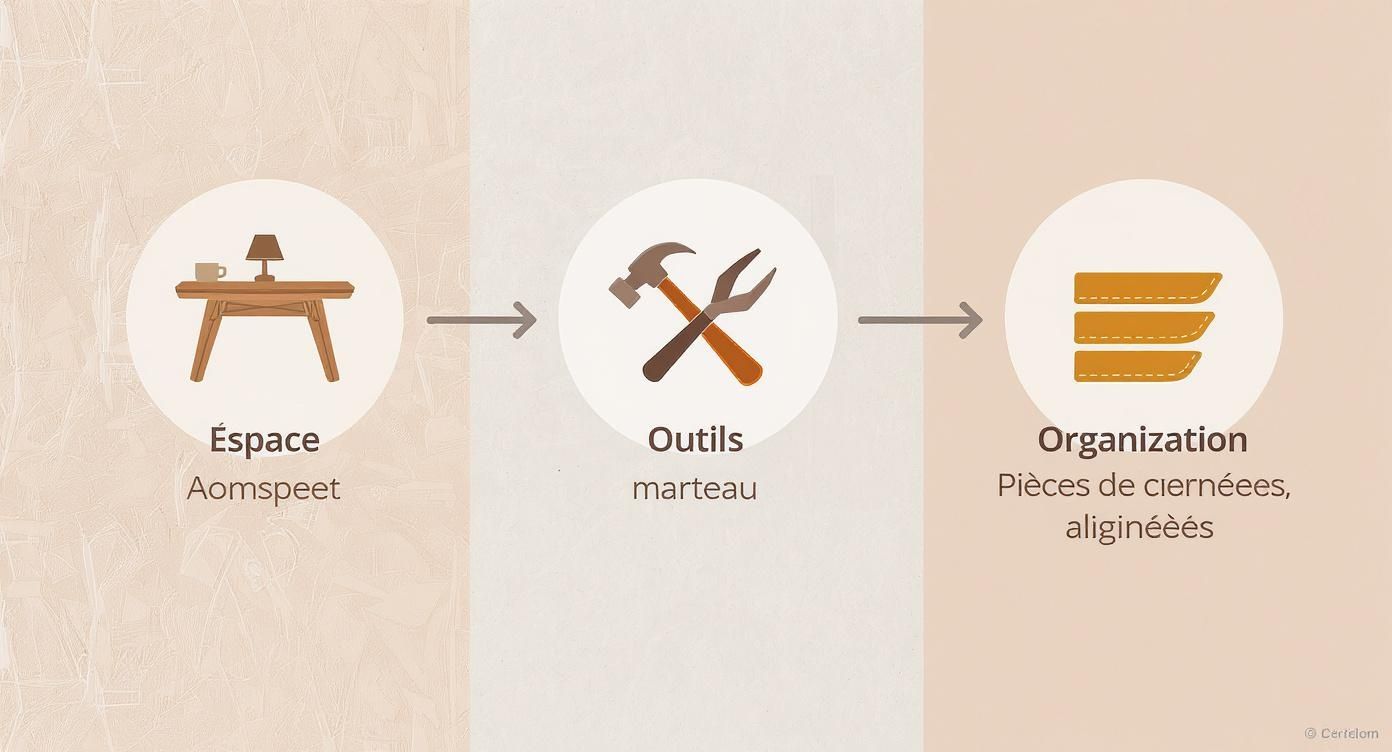 Infographie montrant trois étapes : un espace de travail, des outils de bricolage et des pièces organisées, illustrant un processus de création.
