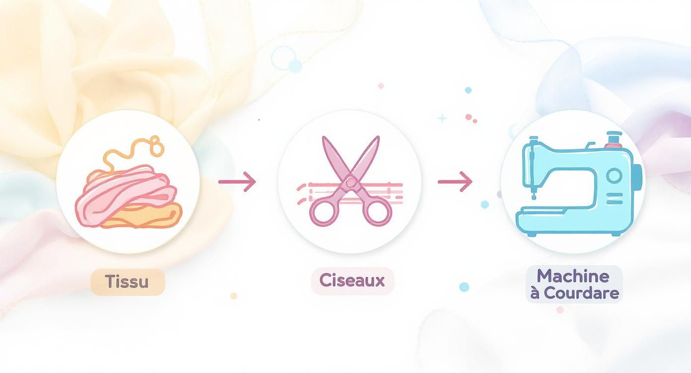 Illustration montrant les étapes clés de la couture : tissu, ciseaux pour la découpe, et machine à coudre pour l'assemblage.