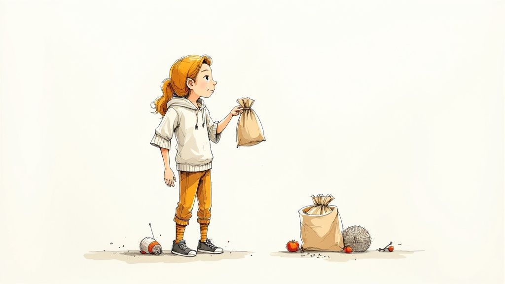 Une jeune femme portant fièrement le sac qu'elle a cousu elle-même.