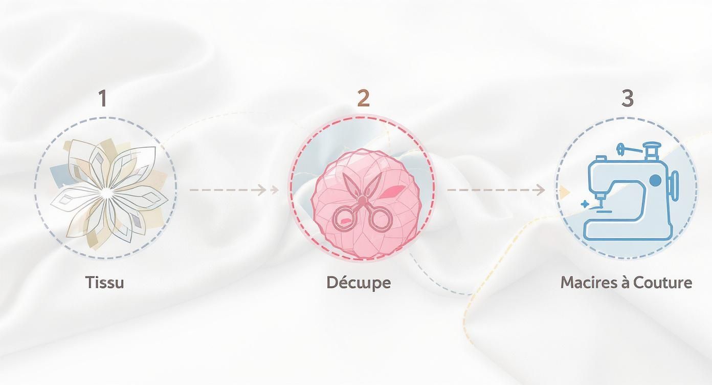 Étapes de couture: tissu, découpe avec des ciseaux et machine à coudre, illustrant la fabrication.
