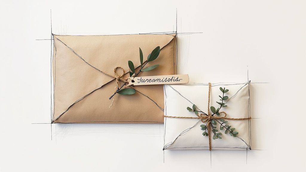 Un cadeau fait main joliment emballé avec du papier kraft et des éléments naturels.