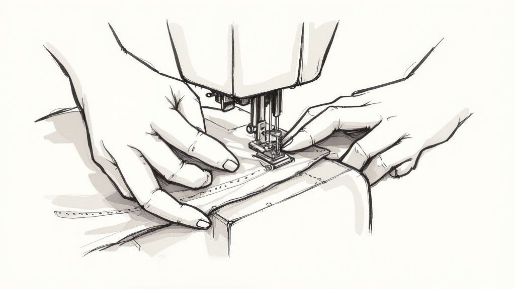 Mains guidant du tissu sous le pied-de-biche d'une machine à coudre pour créer un sac