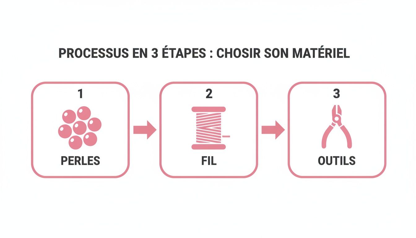 Infographie illustrant le processus en 3 étapes pour choisir le matériel nécessaire : perles, fil et outils.