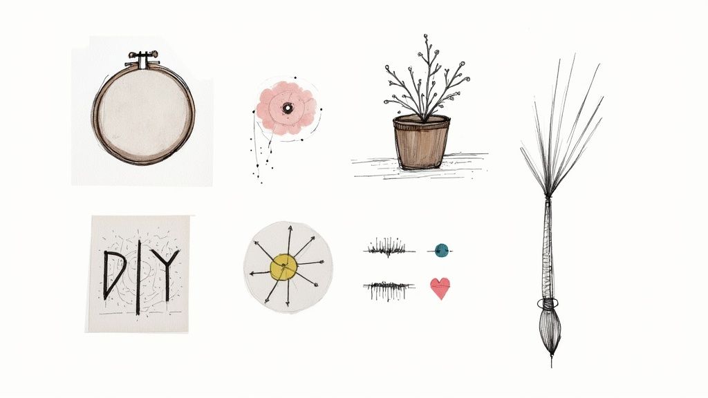 Diverses illustrations pour loisirs créatifs : un cercle à broder, une fleur, une plante en pot, un pinceau, et des symboles DIY.