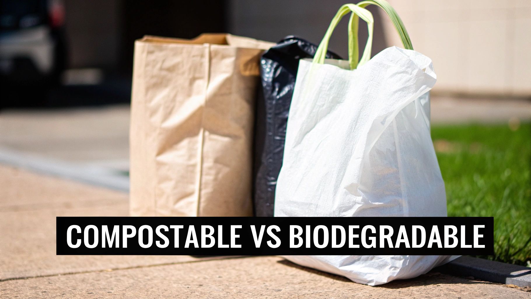Close-up of a person holding a compostable bag with green plants in the background.