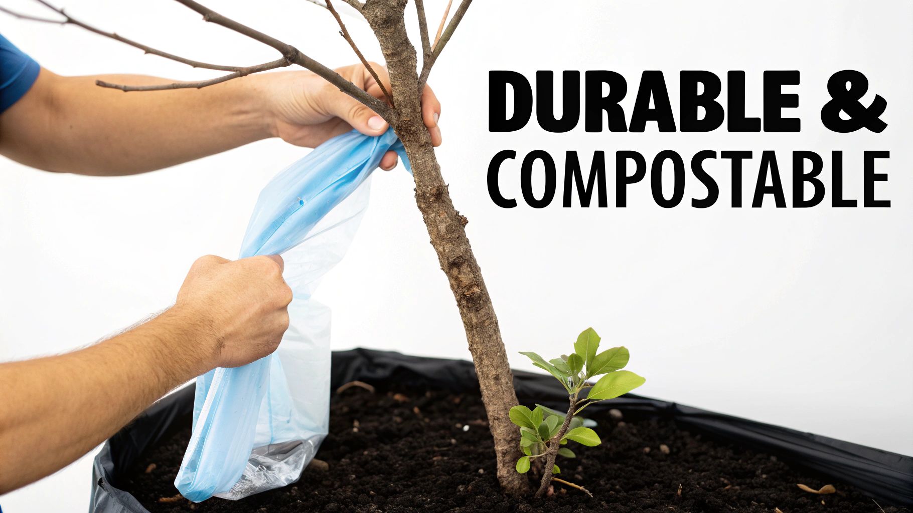 A person holding a compostable dog poop bag while walking their dog.