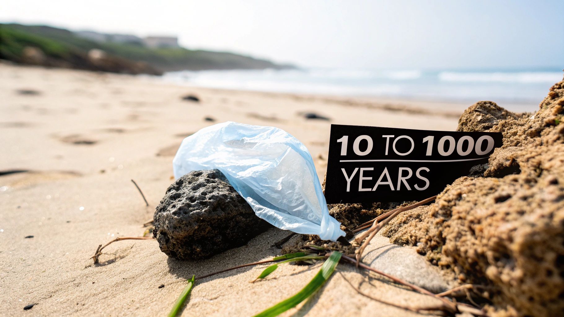 A discarded plastic bag on a sandy beach next to a sign reading '10 TO 1000 YEARS', illustrating plastic pollution.