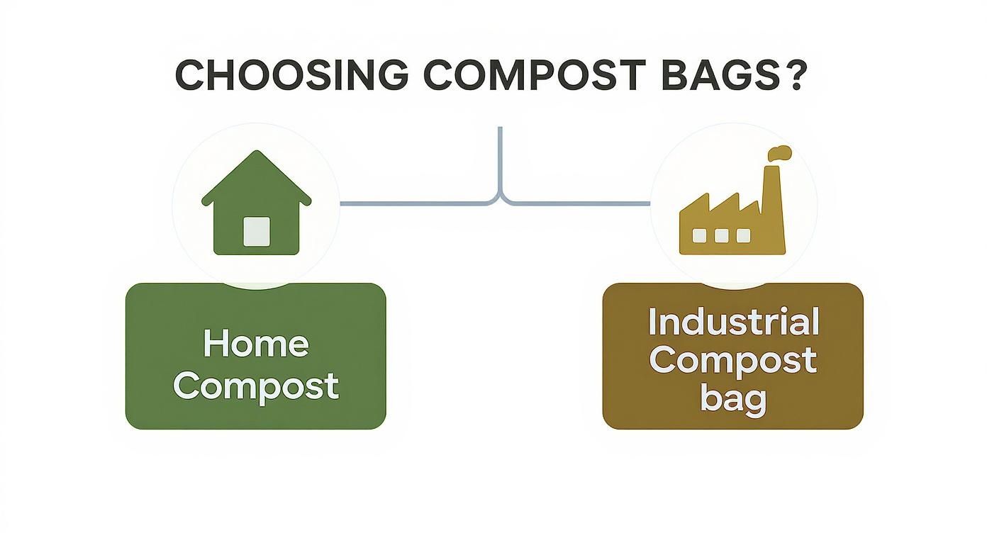 Infographic decision tree for choosing compost bags based on home or industrial composting.
