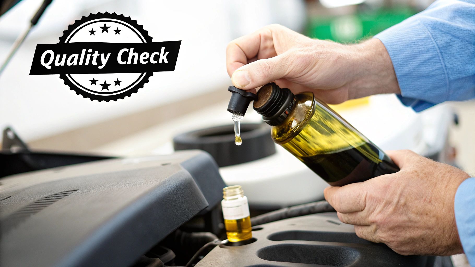 A bottle of castor oil with castor beans on a wooden surface