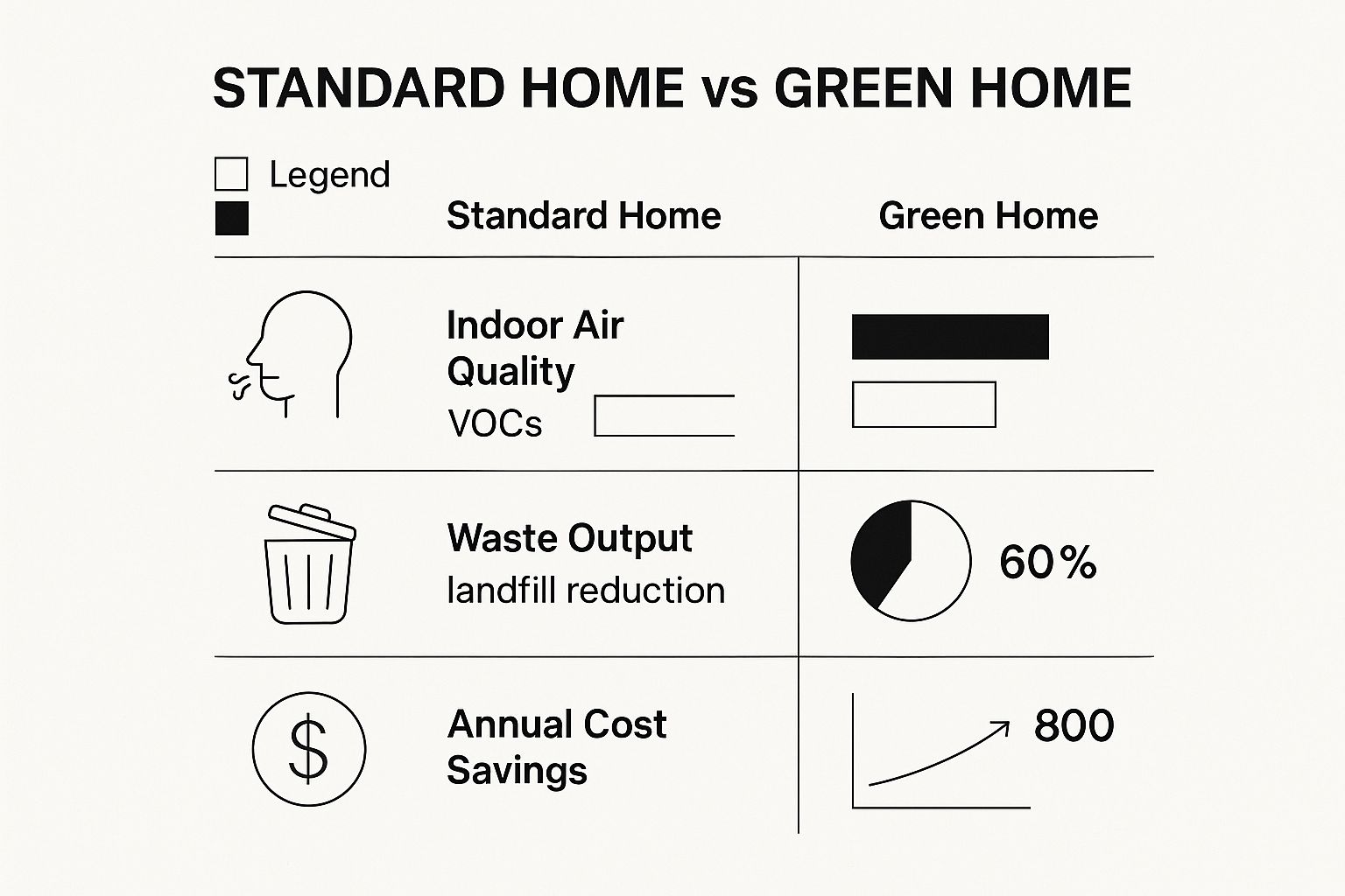 Infographic comparing a 'Standard Home' to a 'Green Home' on metrics like Indoor Air Quality, Waste Output, and Annual Cost Savings.