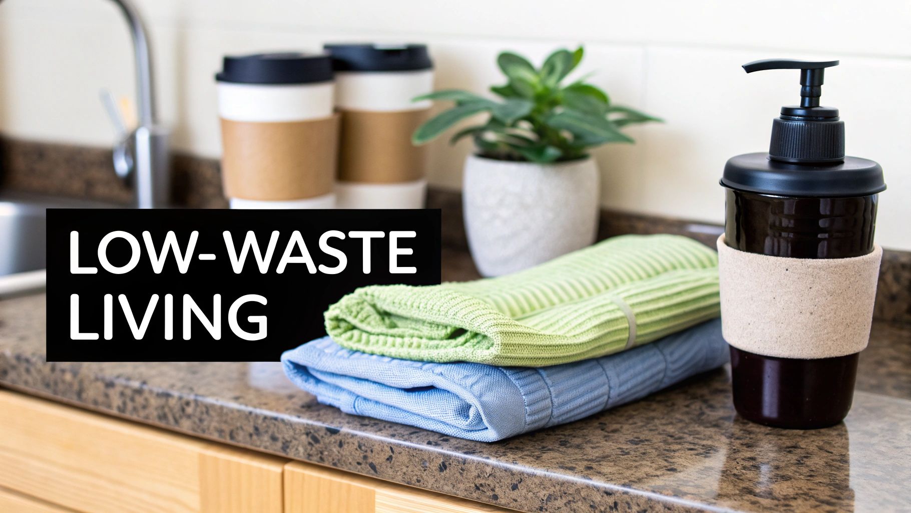 A person's hands are shown refilling a reusable soap dispenser, symbolizing the shift away from single-use plastics.