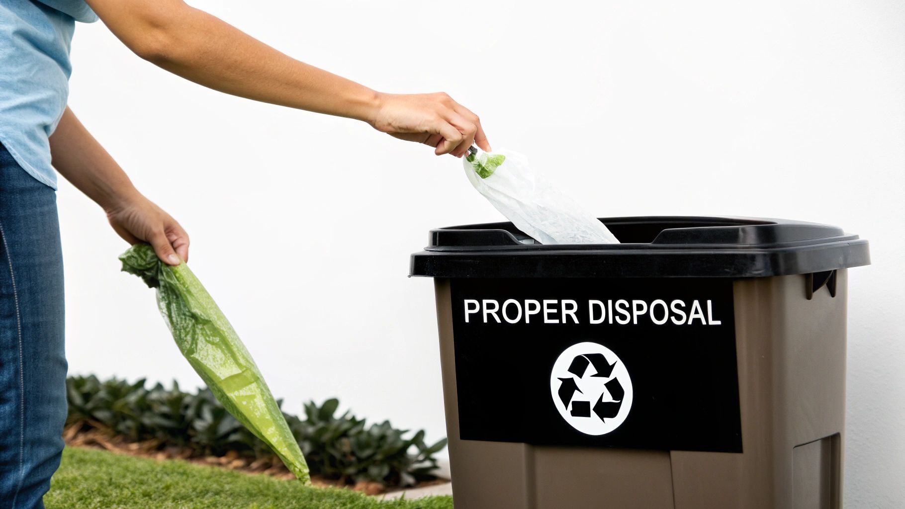 A compost bin in a garden setting, representing the correct disposal method for compostable pet waste bags.