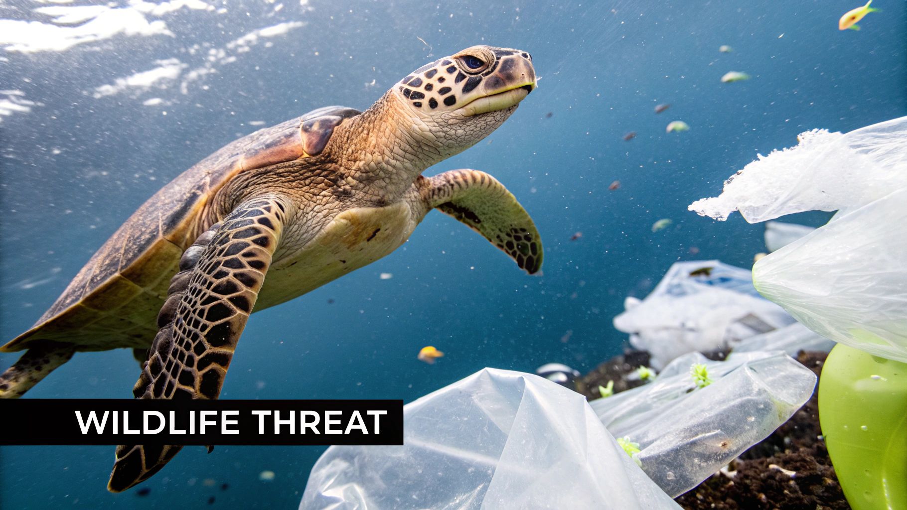 A sea turtle swimming near a floating plastic bag, mistaking it for a jellyfish.