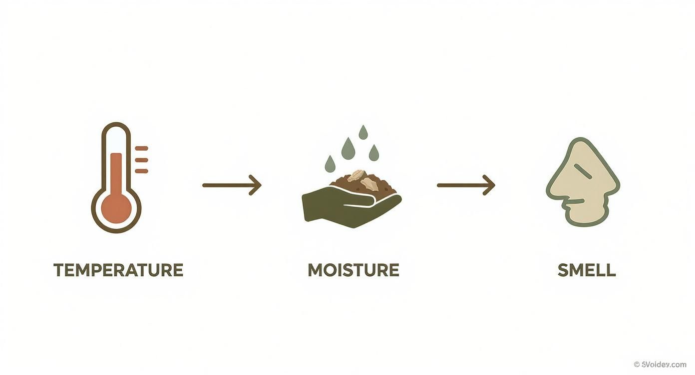 Infographic showing the process of checking compost signs: a thermometer for temperature, a squeezing hand for moisture, and a nose icon for smell.