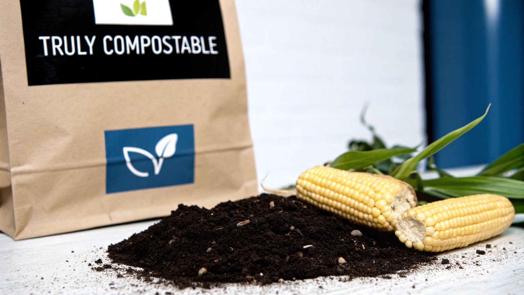 A close-up of a certified compostable bag showing its plant-based texture and green labeling.