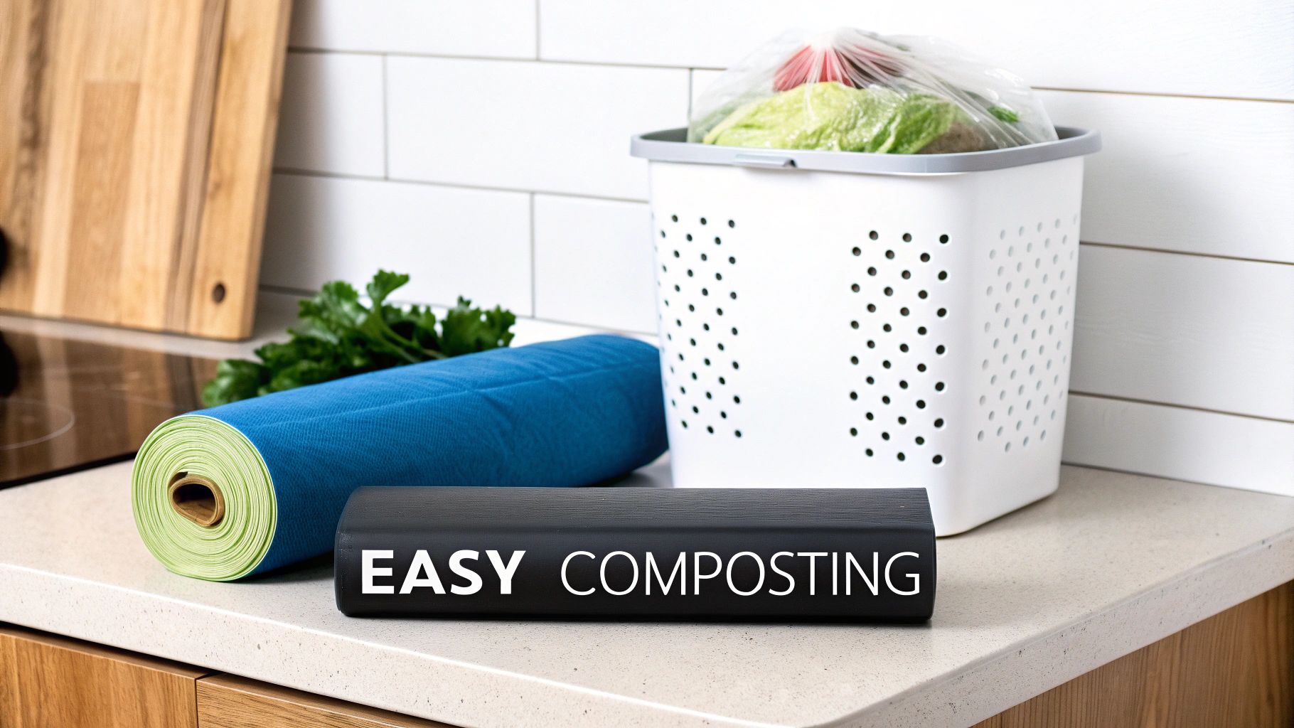 A countertop compost bin lined with a biodegradable bag.
