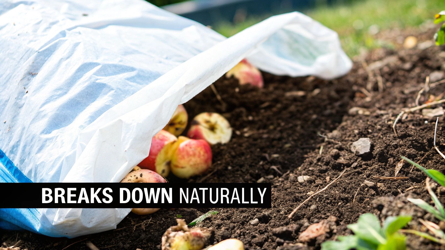 A close-up of a compostable trash bag showing its texture, with a background of rich, dark compost and green leaves, symbolizing the breakdown process.