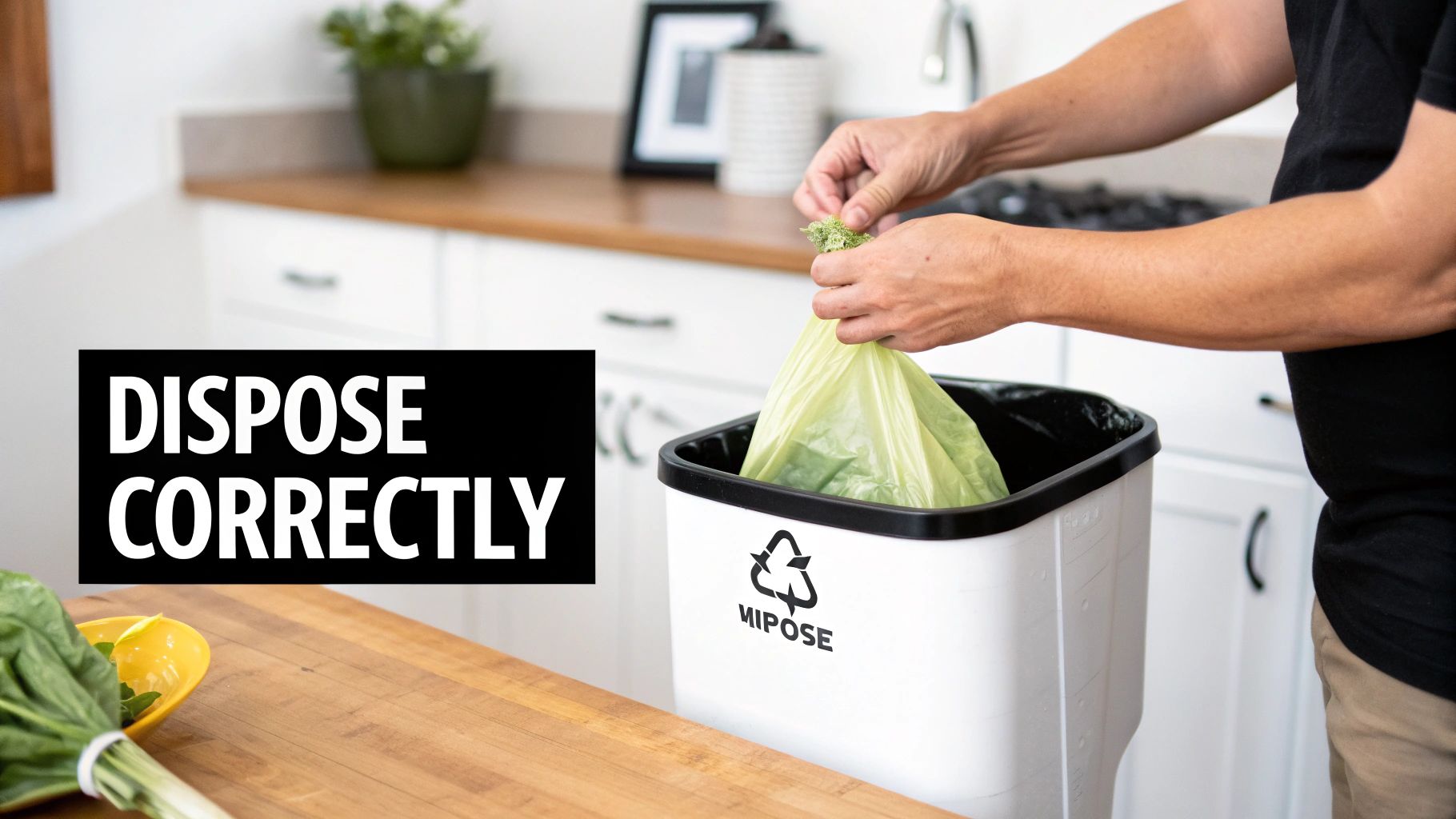 A person placing a full compostable trash bag into a green municipal organics bin, ready for curbside pickup.