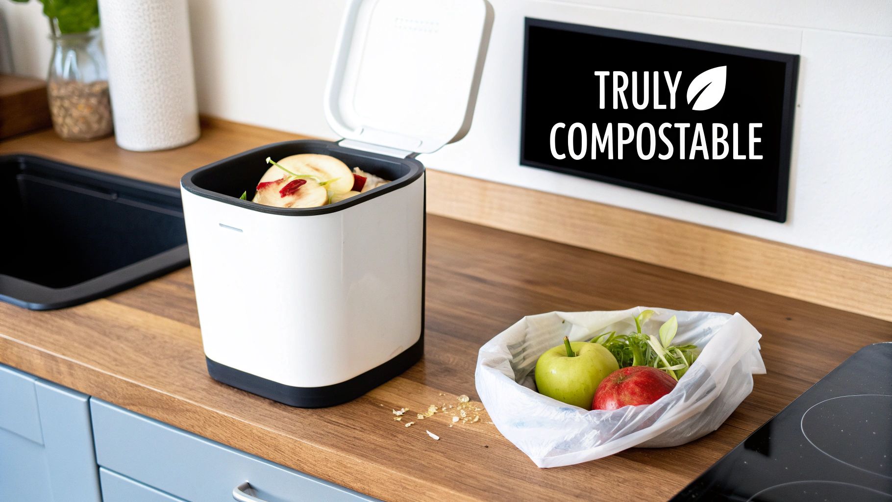 A person holding a compostable waste bag filled with kitchen scraps over a compost bin