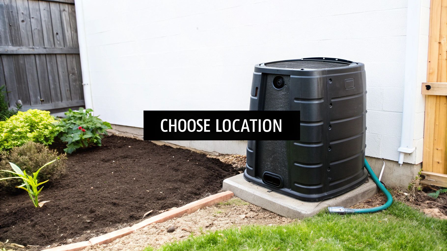 A compost bin sitting in a garden, surrounded by plants.