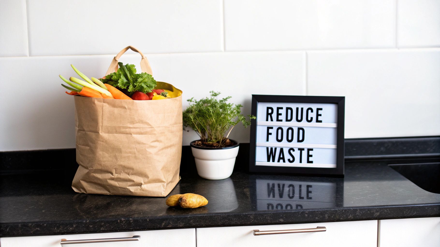 A person holding a green compost bag filled with kitchen scraps like eggshells and vegetable peels.