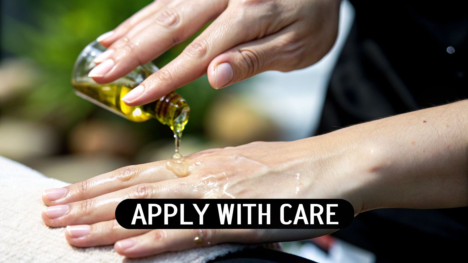 A person gently massaging oil onto their abdomen, showing the proper technique for applying natural oils for stretch marks.