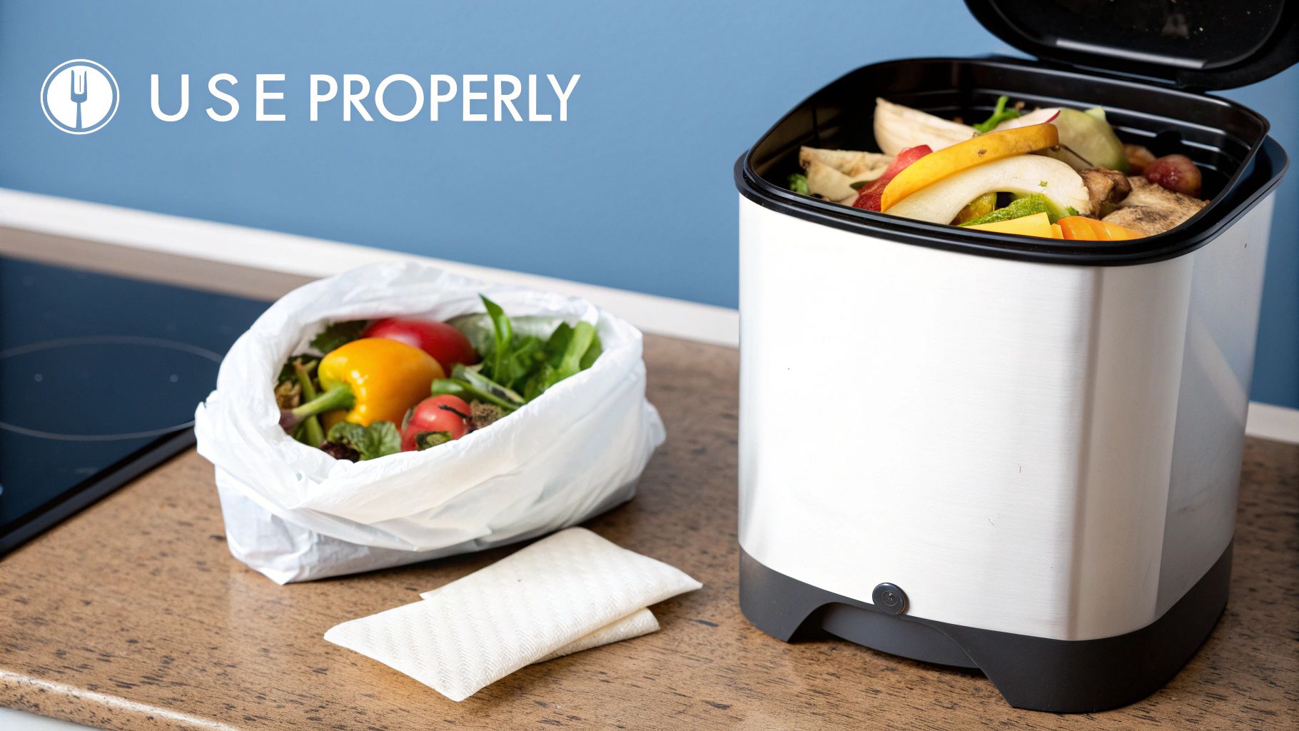 A person's hands holding a green compostable bin liner filled with vegetable scraps over a kitchen counter.
