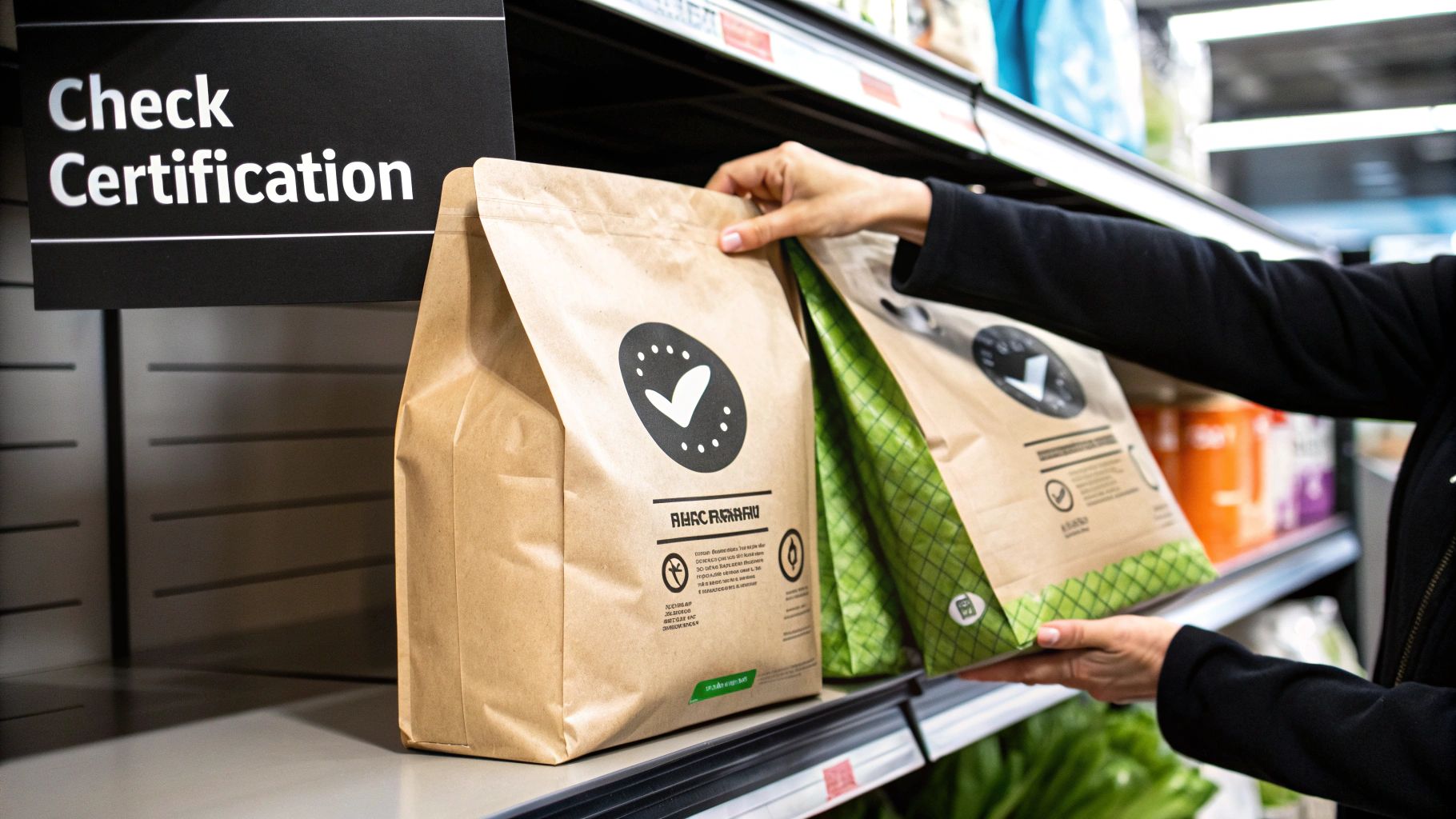 A hand holding a biodegradable bag with certification logos visible
