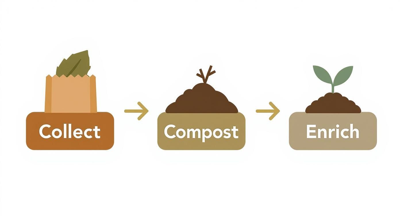 Three-step composting process diagram showing collect, compost, and enrich stages with visual icons
