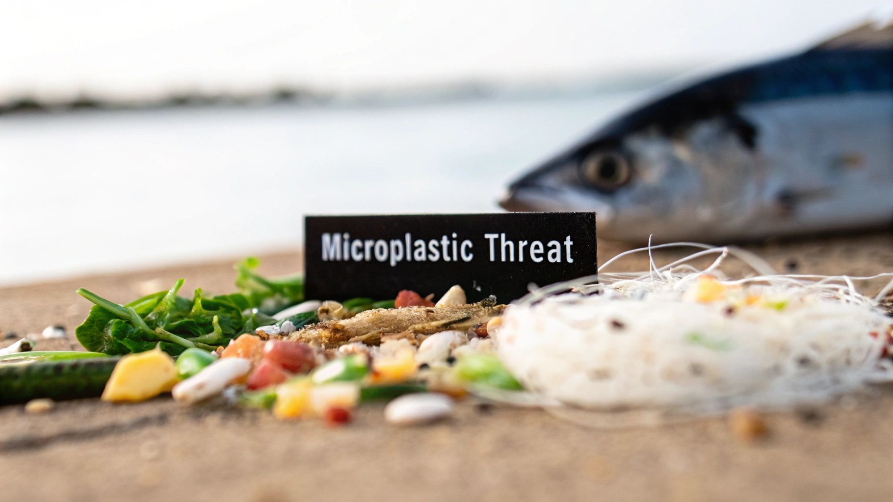 A 'Microplastic Threat' sign amidst small plastic debris on sand, with a fish head in the background.
