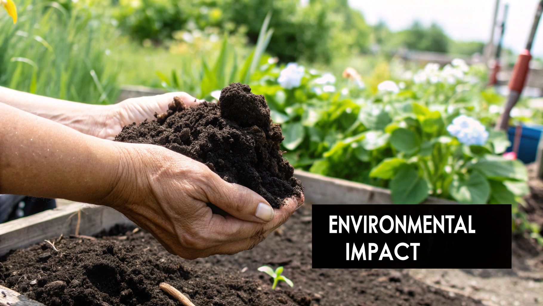 A compostable bag filled with fruit peels and vegetable scraps is held over a lush garden, symbolizing the bag returning to the earth.