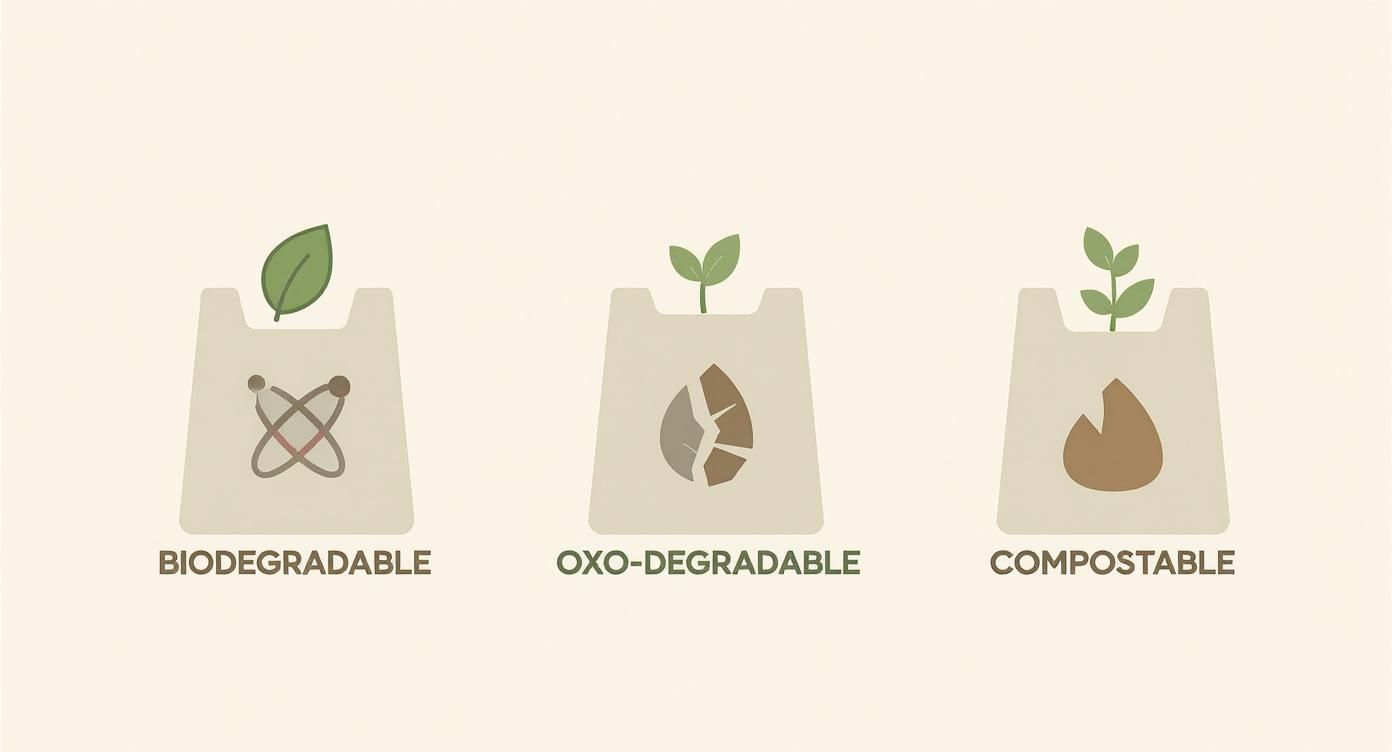 Illustrations comparing biodegradable, oxo-degradable, and compostable bags with their distinct properties.