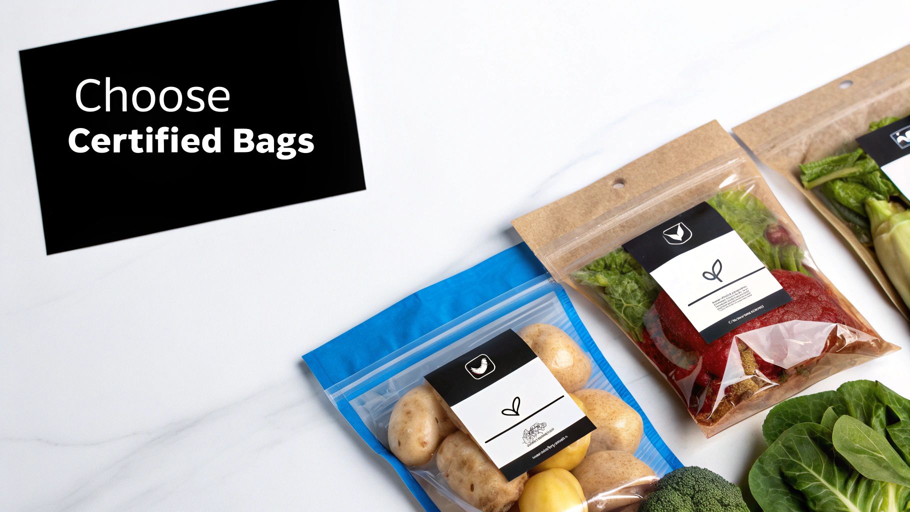 Certified compostable produce bags in blue and brown kraft containing fresh vegetables and potatoes