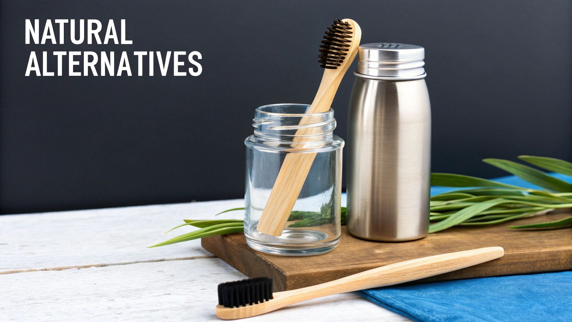A collection of natural, reusable household items like glass jars, a bamboo toothbrush, and cotton bags, arranged neatly on a wooden surface.