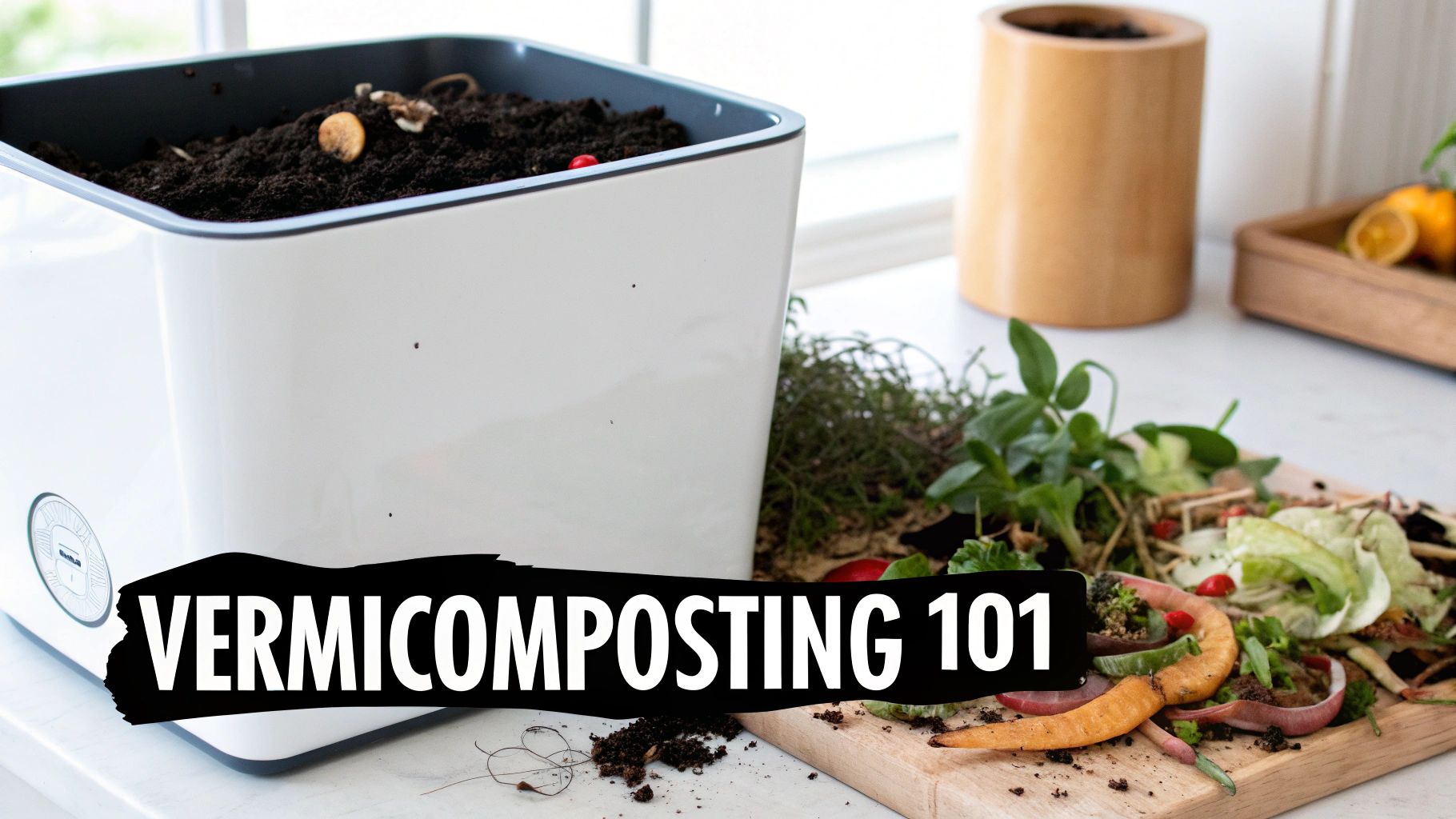 A close-up of earthworms actively composting organic material in rich, dark soil.