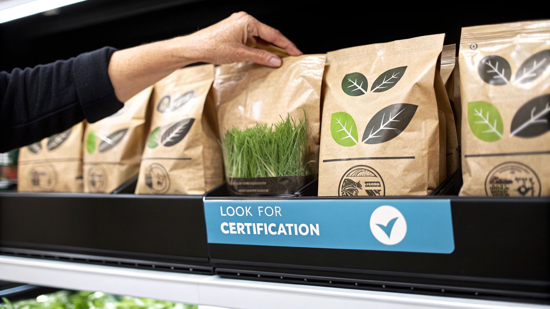 A person placing a filled compostable lawn and leaf bag into a green municipal compost bin.