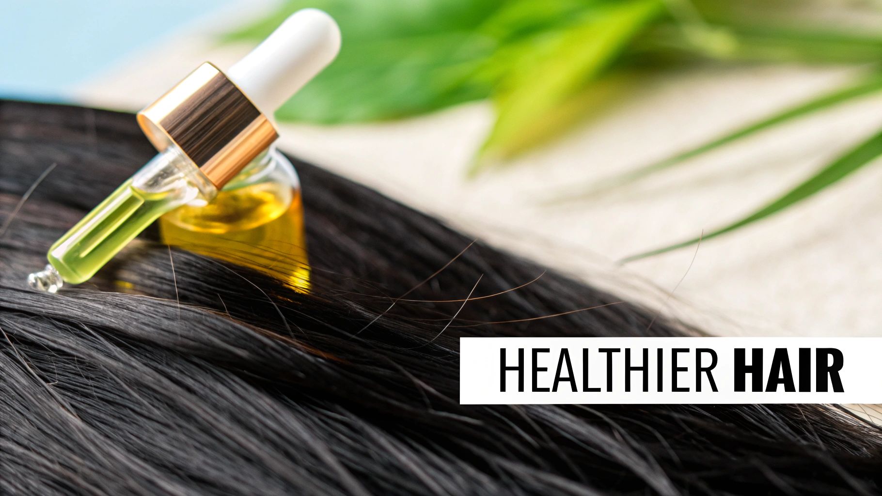 A woman applying castor oil to her long, healthy hair.