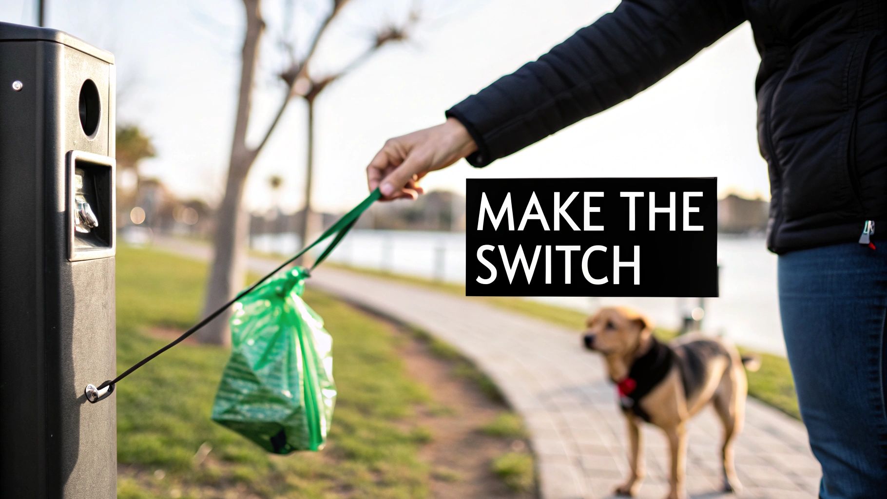 A person holding a compostable pet waste bag while walking their dog in a park.