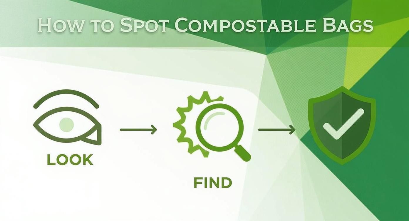 An infographic showing a three-step process to identify certified compostable bags using icons for looking at the package, finding the certification logo, and verifying its authenticity.