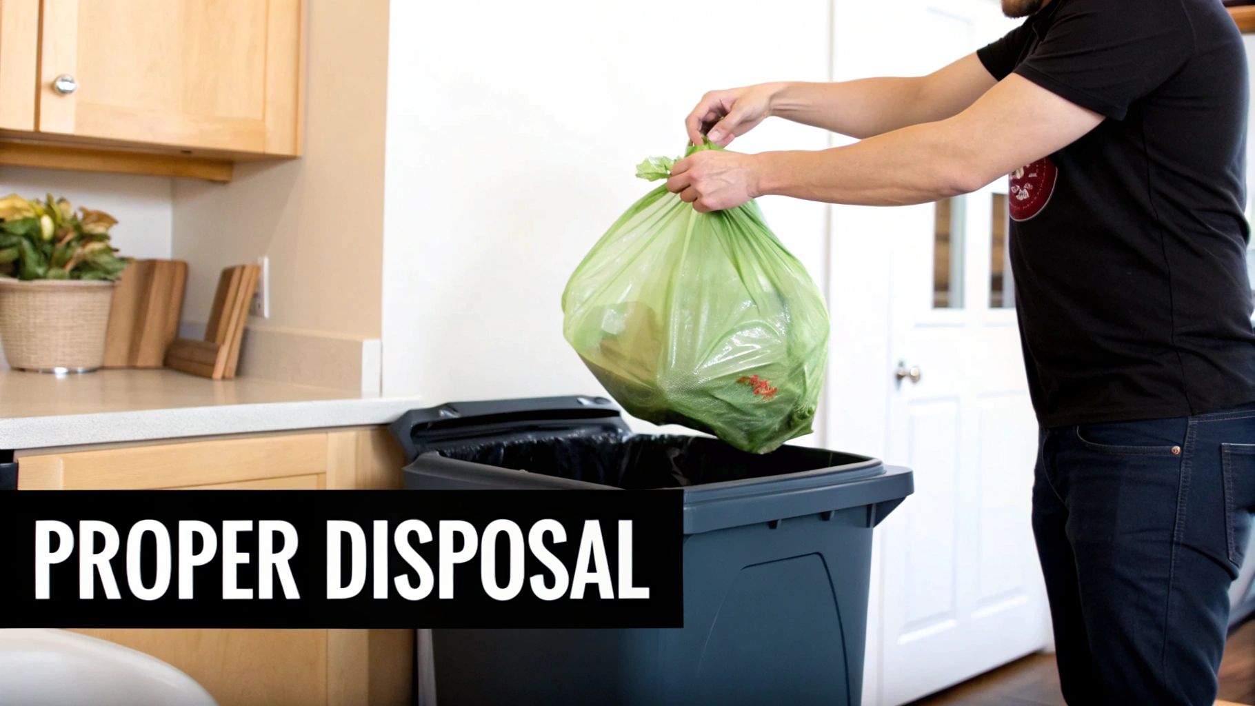 A person placing a compostable bag into a green curbside bin.