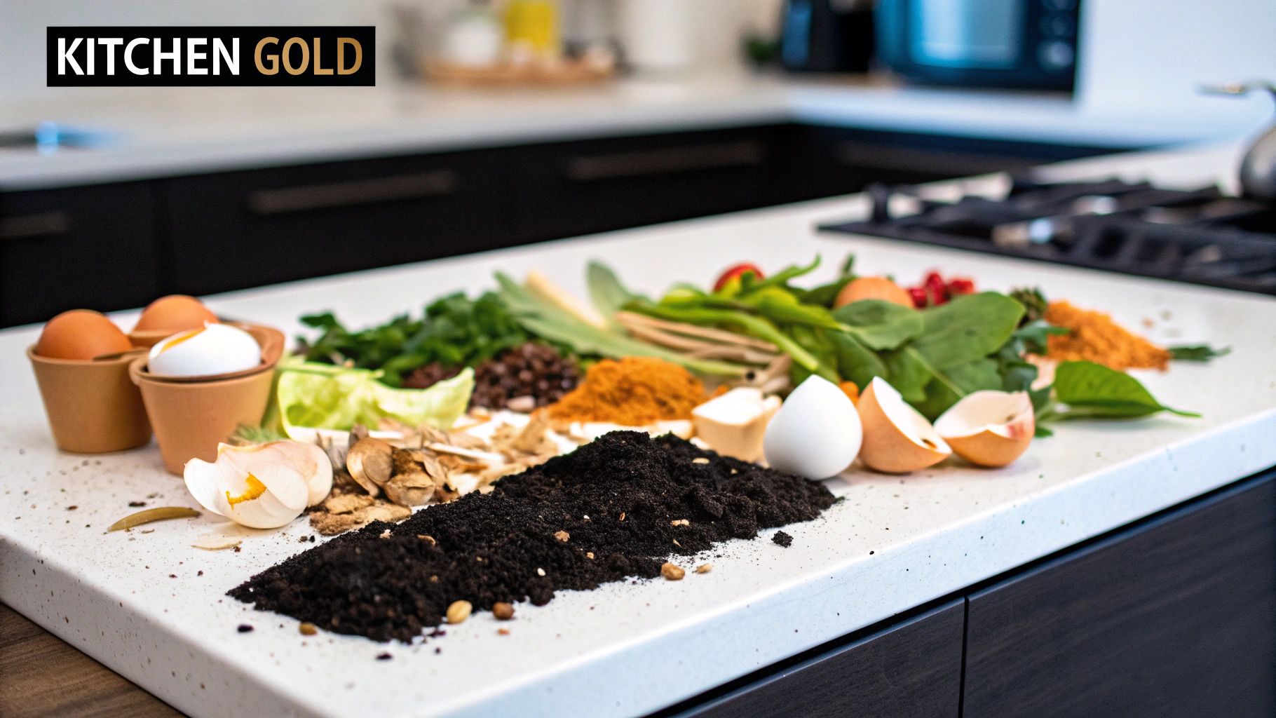 A collection of kitchen scraps like vegetable peels, eggshells, and coffee grounds ready for composting.