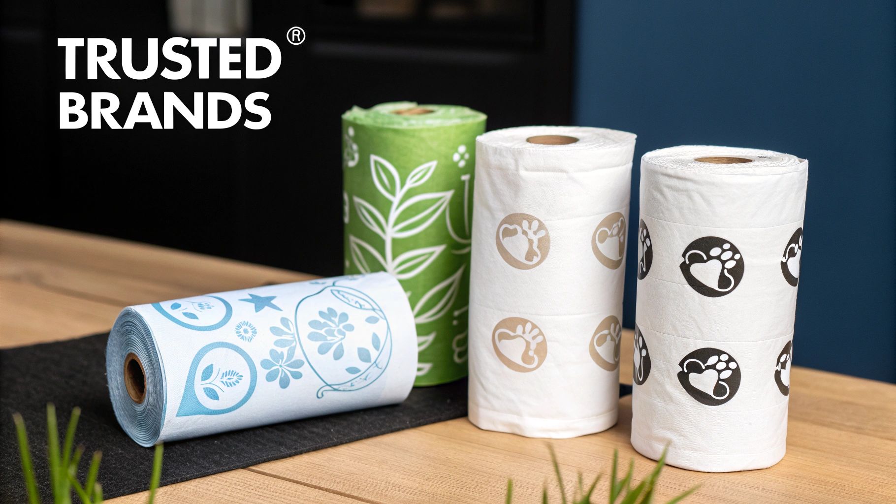 A dog happily sitting next to rolls of compostable poop bags.