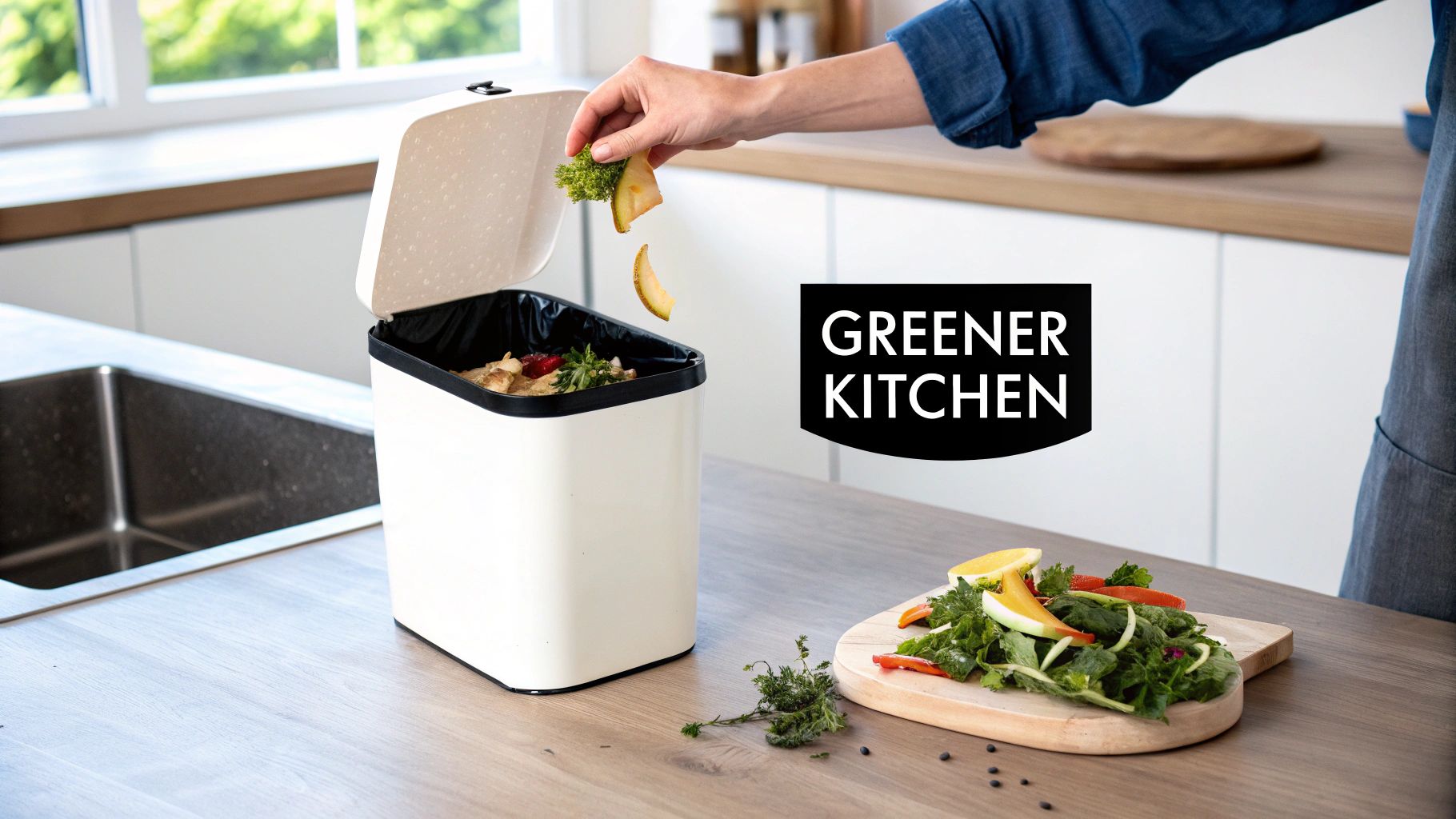 A person's hand placing a full compost waste bag into an outdoor green composting bin.